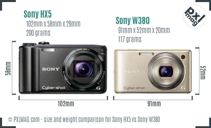 Sony HX5 vs Sony W380 size comparison