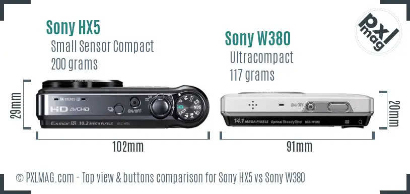 Sony HX5 vs Sony W380 top view buttons comparison