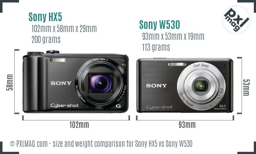 Sony HX5 vs Sony W530 size comparison