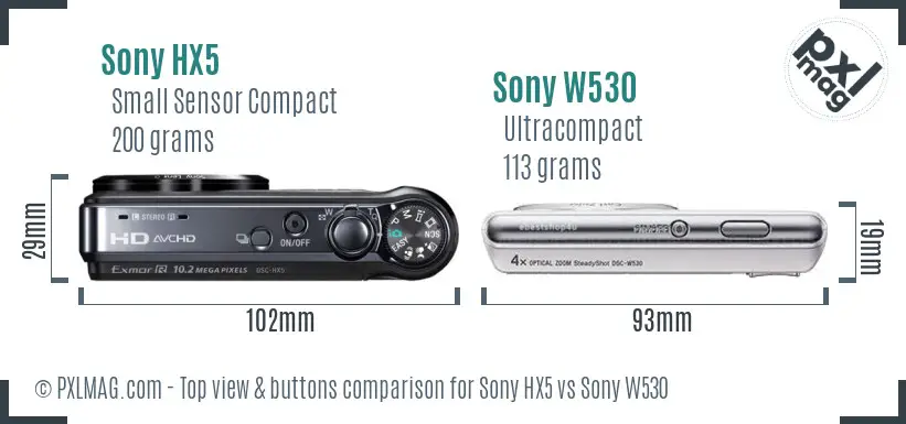 Sony HX5 vs Sony W530 top view buttons comparison