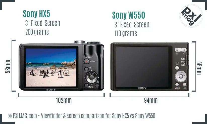 Sony HX5 vs Sony W550 Screen and Viewfinder comparison