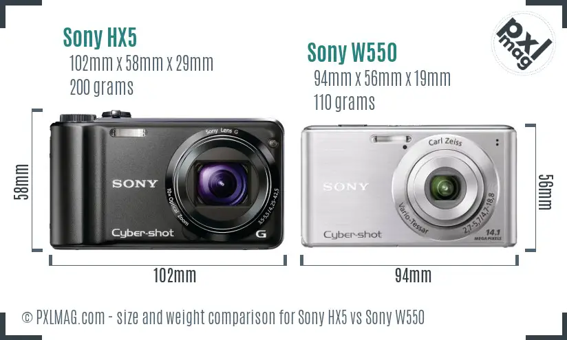 Sony HX5 vs Sony W550 size comparison