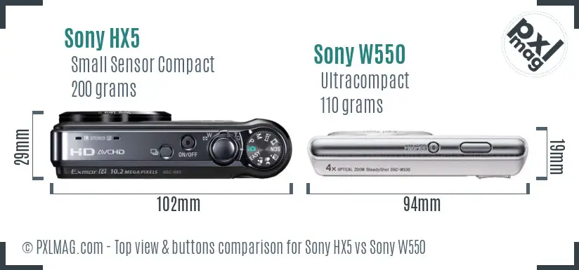 Sony HX5 vs Sony W550 top view buttons comparison