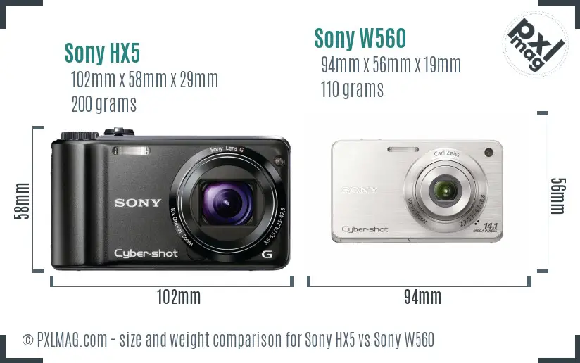 Sony HX5 vs Sony W560 size comparison