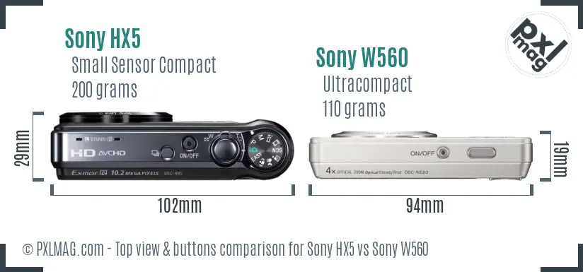 Sony HX5 vs Sony W560 top view buttons comparison