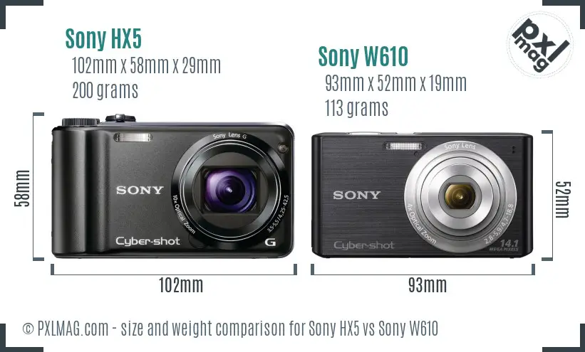 Sony HX5 vs Sony W610 size comparison