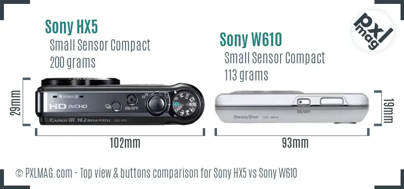 Sony HX5 vs Sony W610 top view buttons comparison