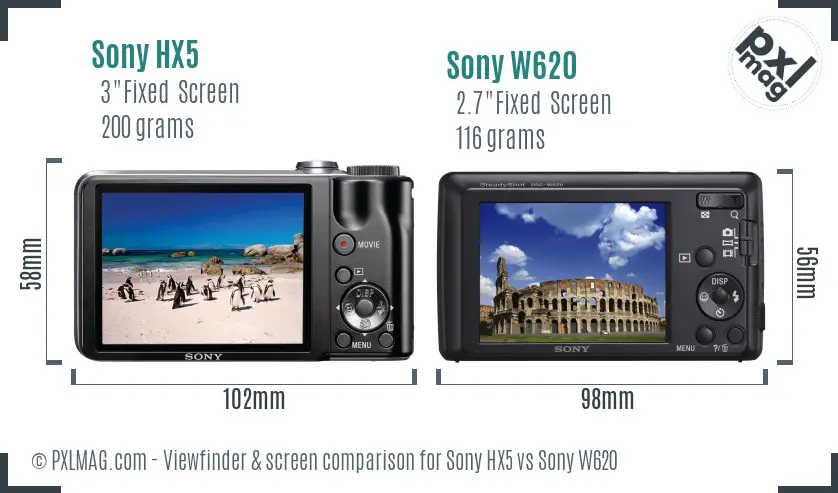 Sony HX5 vs Sony W620 Screen and Viewfinder comparison