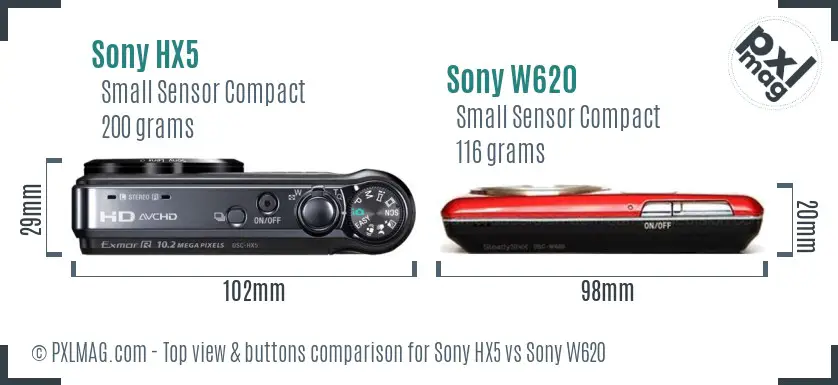 Sony HX5 vs Sony W620 top view buttons comparison