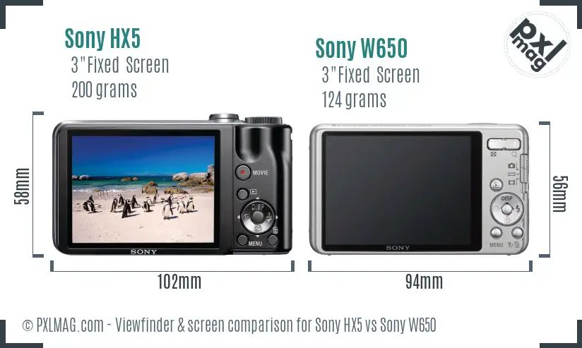 Sony HX5 vs Sony W650 Screen and Viewfinder comparison