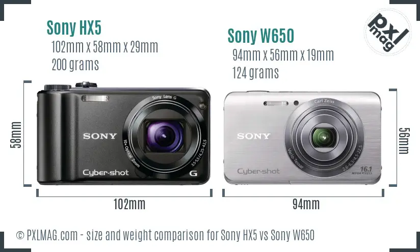 Sony HX5 vs Sony W650 size comparison