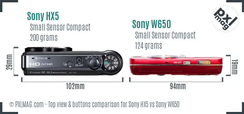 Sony HX5 vs Sony W650 top view buttons comparison