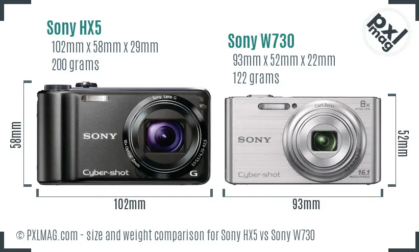 Sony HX5 vs Sony W730 size comparison