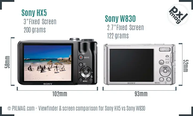 Sony HX5 vs Sony W830 Screen and Viewfinder comparison