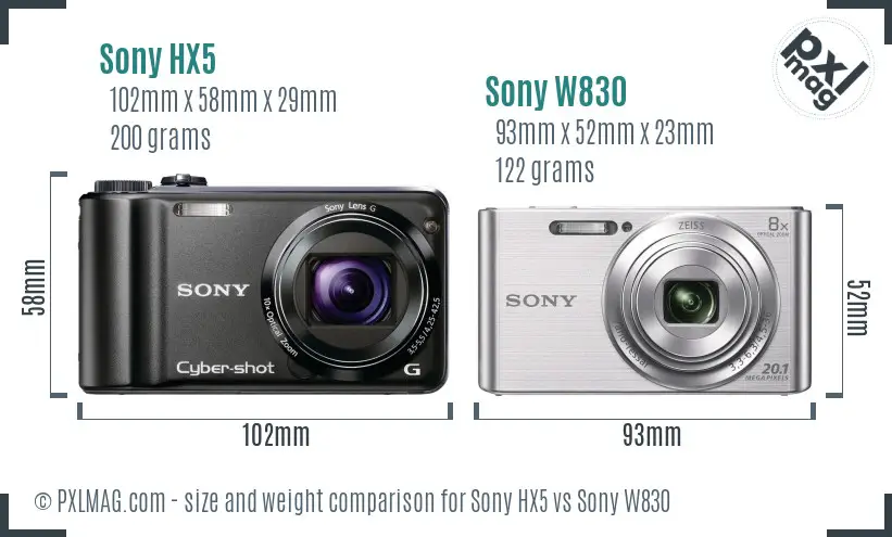 Sony HX5 vs Sony W830 size comparison
