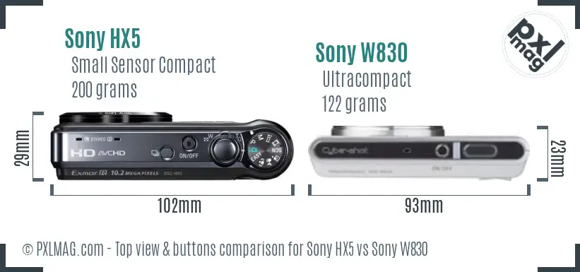 Sony HX5 vs Sony W830 top view buttons comparison