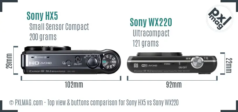 Sony HX5 vs Sony WX220 top view buttons comparison