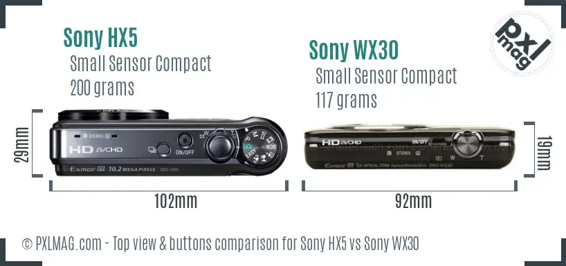 Sony HX5 vs Sony WX30 top view buttons comparison