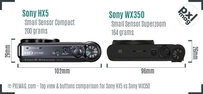 Sony HX5 vs Sony WX350 top view buttons comparison
