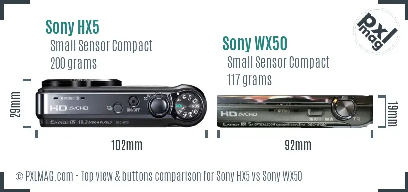 Sony HX5 vs Sony WX50 top view buttons comparison