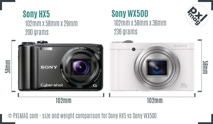 Sony HX5 vs Sony WX500 size comparison