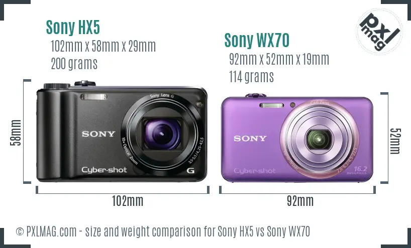 Sony HX5 vs Sony WX70 size comparison
