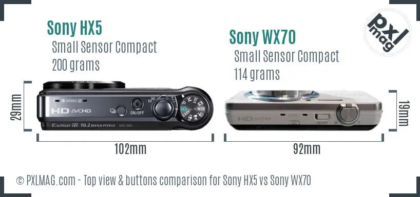 Sony HX5 vs Sony WX70 top view buttons comparison