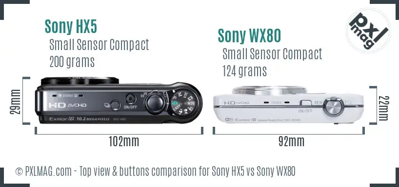 Sony HX5 vs Sony WX80 top view buttons comparison