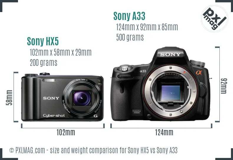 Sony HX5 vs Sony A33 size comparison