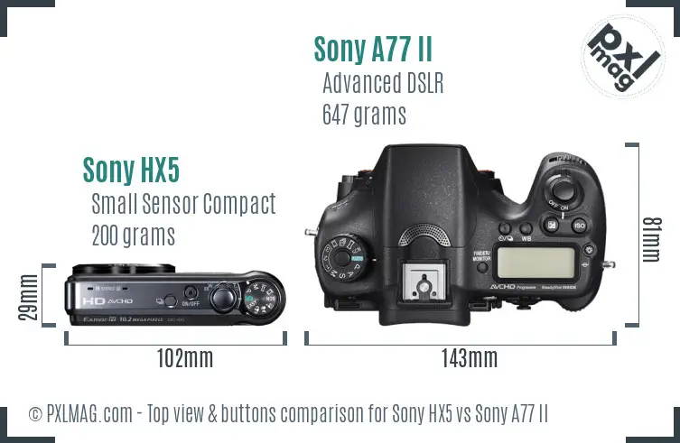 Sony HX5 vs Sony A77 II top view buttons comparison