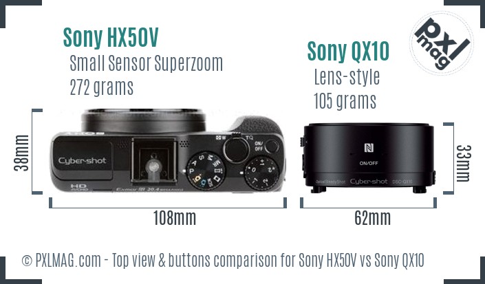 Sony HX50V vs Sony QX10 top view buttons comparison