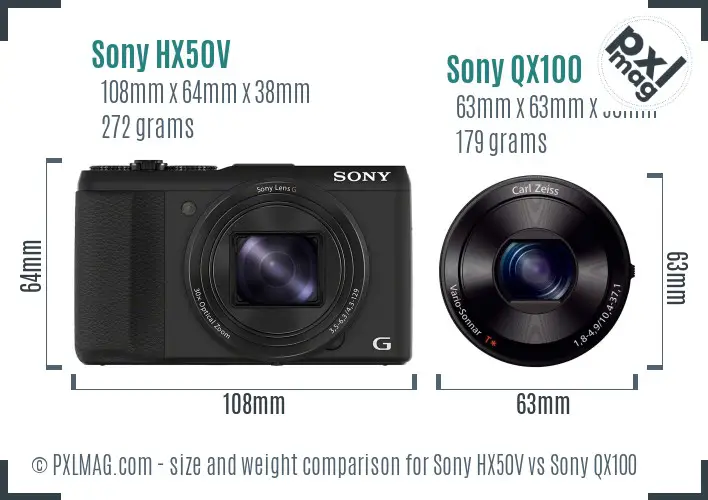 Sony HX50V vs Sony QX100 size comparison