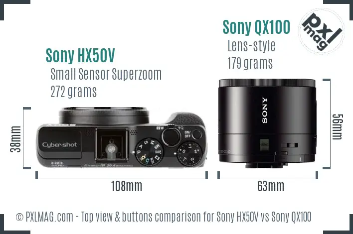 Sony HX50V vs Sony QX100 top view buttons comparison
