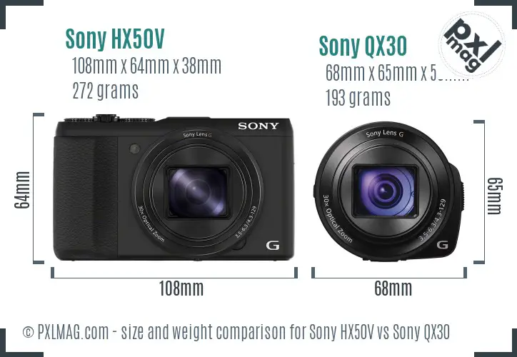 Sony HX50V vs Sony QX30 size comparison