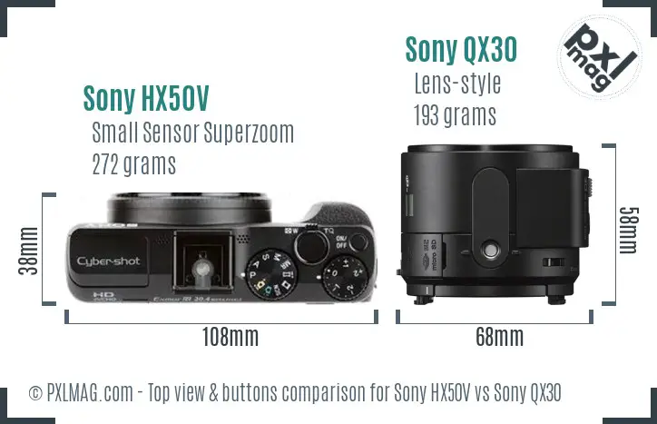 Sony HX50V vs Sony QX30 top view buttons comparison