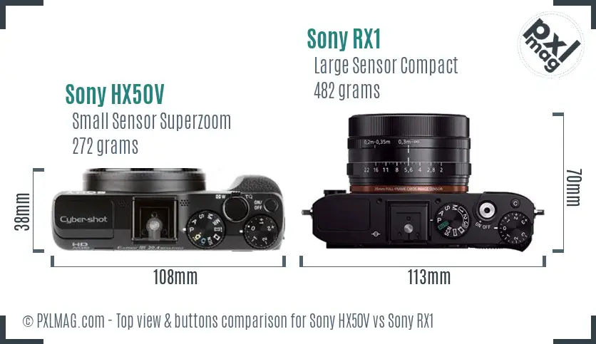 Sony HX50V vs Sony RX1 top view buttons comparison