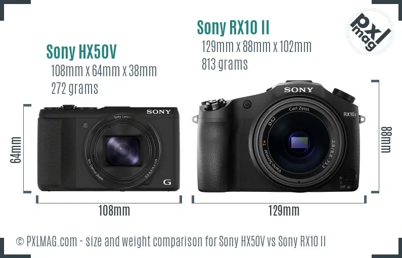 Sony HX50V vs Sony RX10 II size comparison