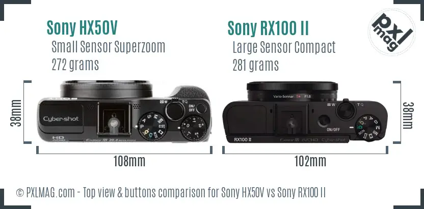 Sony HX50V vs Sony RX100 II top view buttons comparison