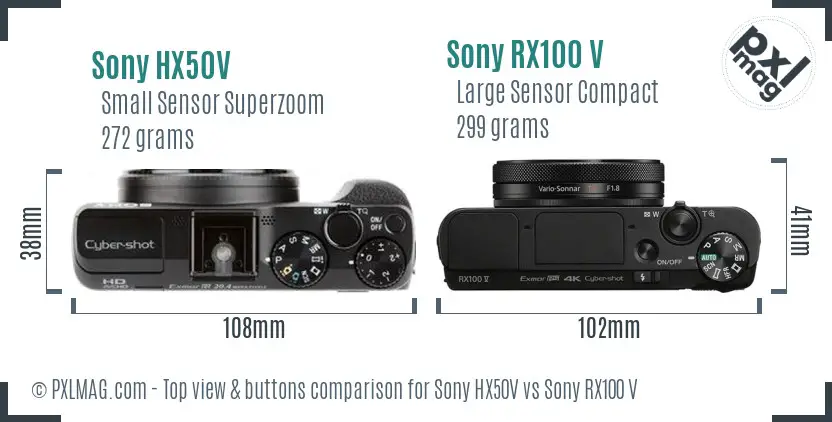 Sony HX50V vs Sony RX100 V top view buttons comparison