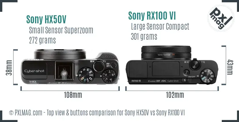 Sony HX50V vs Sony RX100 VI top view buttons comparison