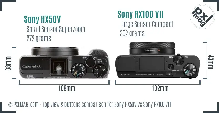Sony HX50V vs Sony RX100 VII top view buttons comparison