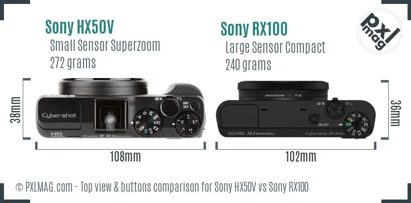 Sony HX50V vs Sony RX100 top view buttons comparison