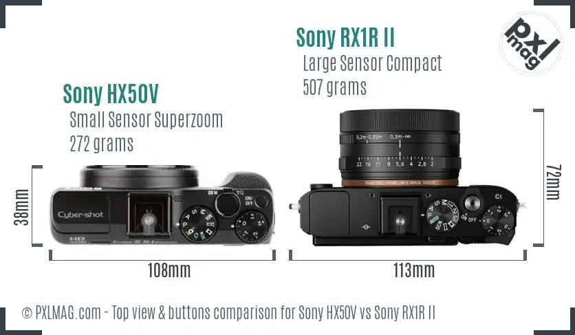 Sony HX50V vs Sony RX1R II top view buttons comparison
