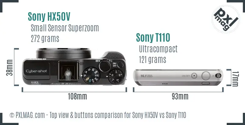 Sony HX50V vs Sony T110 top view buttons comparison