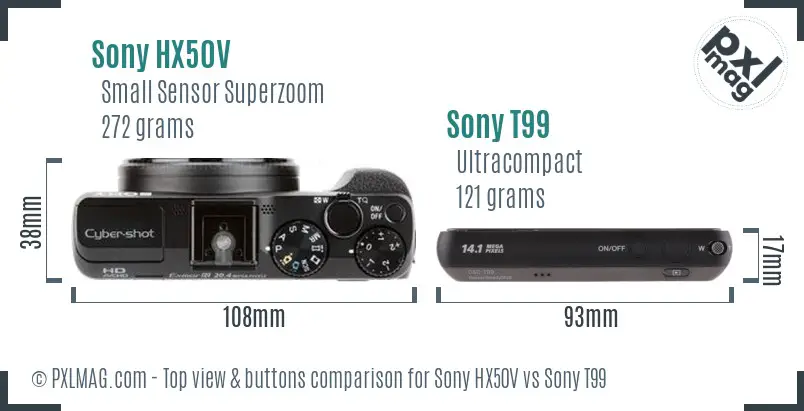 Sony HX50V vs Sony T99 top view buttons comparison