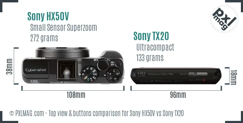 Sony HX50V vs Sony TX20 top view buttons comparison