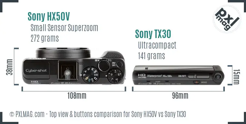 Sony HX50V vs Sony TX30 top view buttons comparison
