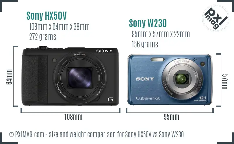 Sony HX50V vs Sony W230 size comparison
