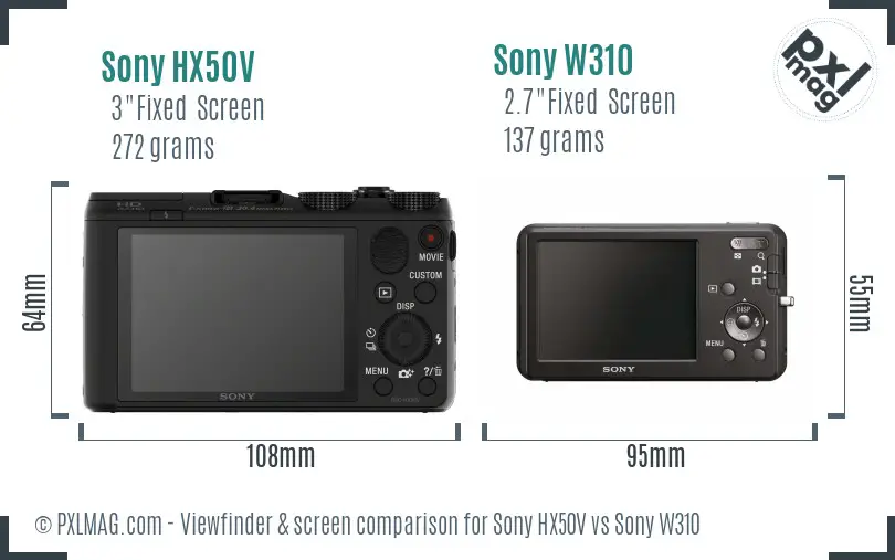 Sony HX50V vs Sony W310 Screen and Viewfinder comparison