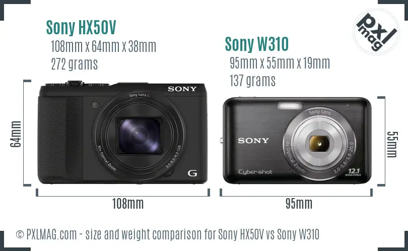 Sony HX50V vs Sony W310 size comparison